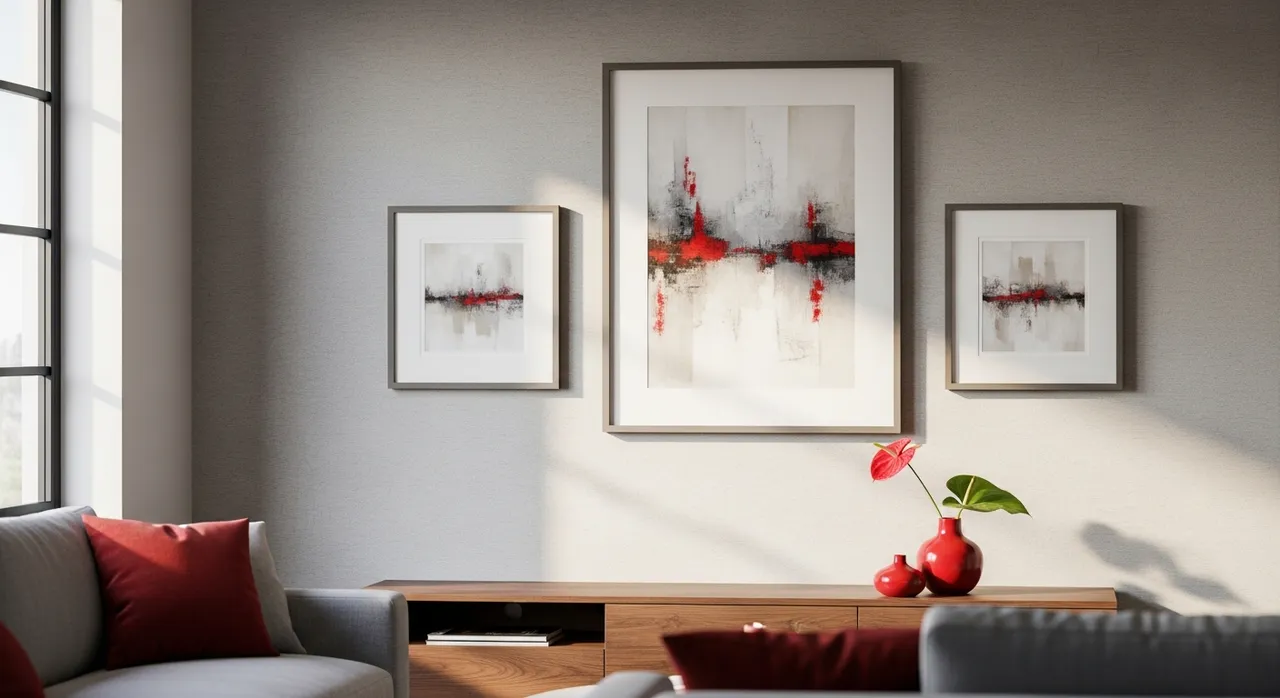 Aesthetically pleasing living room decor with three or more custom framed pictures on the wall featuring subtle hints of red